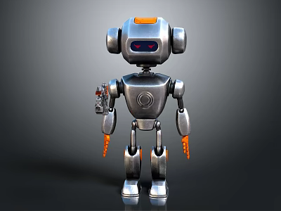 Silver Metallic Robot Character With Orange Accents Large Ears And Red Eye 3d model