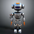 Silver Metallic Robot Character With Orange Accents Large Ears And Red Eye