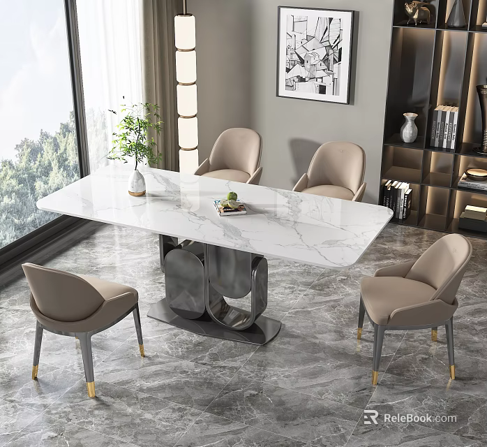 Modern Dining Table Set With White Marble Top And Beige Chairs By Large Windows 3d model