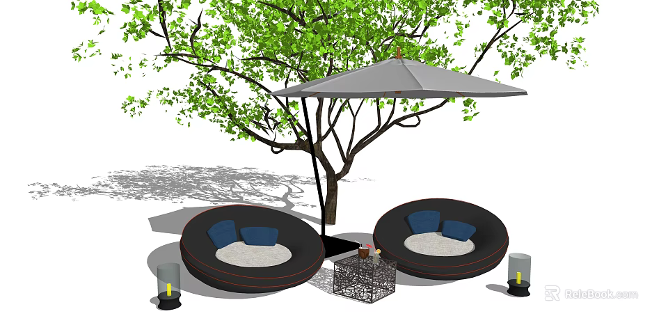 Round Outdoor Sofa With Blue Cushions Under Grey Umbrella And Green Tree 3d model 