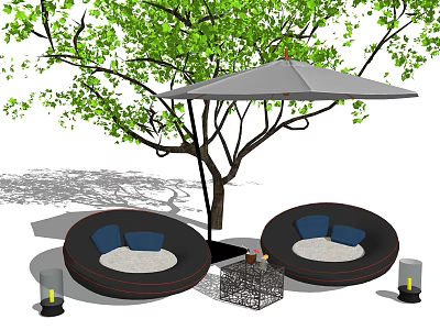 Round Outdoor Sofa With Blue Cushions Under Grey Umbrella And Green Tree 3d model