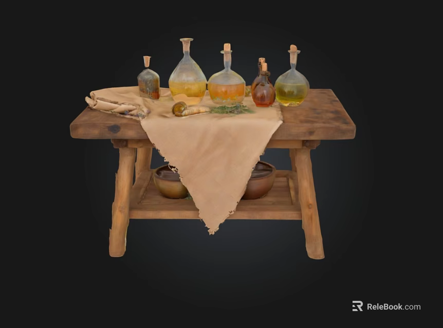 Rustic Wooden Table Setup With Glass Bottles Cloth And Copper Bowls 3d model 