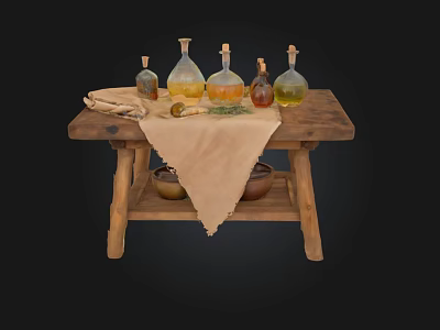 Rustic Wooden Table Setup With Glass Bottles Cloth And Copper Bowls 3d model