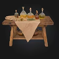 Rustic Wooden Table Setup With Glass Bottles Cloth And Copper Bowls