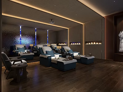 Relaxing SPA Sauna Room With Comfortable Massage Chairs Wooden Floors And Warm Lighting 3d model