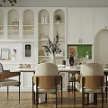 Modern Restaurant Interior With Dining Table Chairs Open Shelves And Green Wall Decor