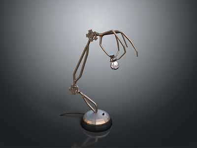 Curved Metallic Mechanical Arm With Hanging Transparent Sphere And Round Base 3d model