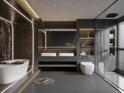 Modern Bathroom With White Bathtub Double Sinks Toilet Glass Shower Black Walls LED Strip Lights 3d model
