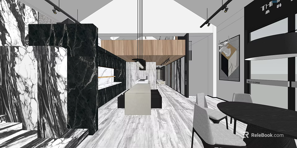 Contemporary Open Interior Design Featuring Marble Elements Wooden Ceiling And Modern Furniture 3d model 