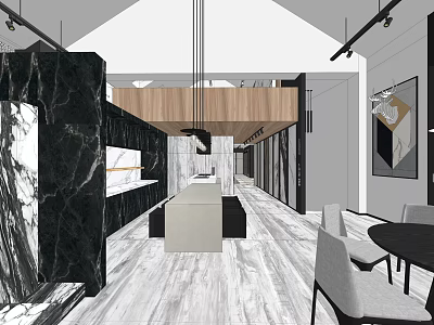 Contemporary Open Interior Design Featuring Marble Elements Wooden Ceiling And Modern Furniture 3d model
