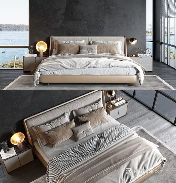 Modern Double Bed Bedroom Interior With Upholstered Headboard Soft Pillows Bedside Tables And Table Lamps 3d model 