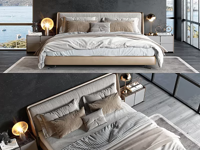 Modern Double Bed Bedroom Interior With Upholstered Headboard Soft Pillows Bedside Tables And Table Lamps 3d model