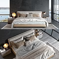 Modern Double Bed Bedroom Interior With Upholstered Headboard Soft Pillows Bedside Tables And Table Lamps