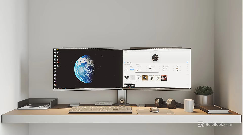 Dual Monitor Computer Work Setup With Earth Wallpaper And Desktop Accessories 3d model 