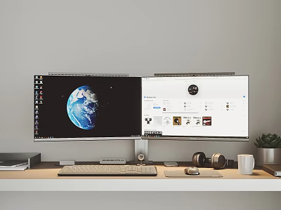 Dual Monitor Computer Work Setup With Earth Wallpaper And Desktop Accessories 3d model