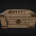Decorative Ornament Set Featuring Vintage Wooden Box With Metal Corner Accents And Circular Carved Emblem