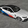 White Sports Car With Blue Red Stripes In Empty Gray Room Reflective Floor