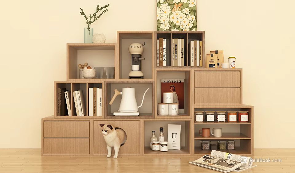 Multi Tiered Wooden Bookshelf With Books Coffee Maker Kettle Cups Floral Painting Plant Cat Magazine 3d model 