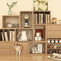 Multi Tiered Wooden Bookshelf With Books Coffee Maker Kettle Cups Floral Painting Plant Cat Magazine