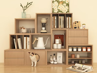 Multi Tiered Wooden Bookshelf With Books Coffee Maker Kettle Cups Floral Painting Plant Cat Magazine 3d model