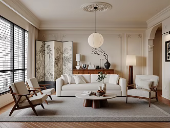 Quiet Ancient Living Room Multi-Person Sofa Single Chair Coffee Table Screen Floor Lamp 3d model