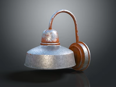 Vintage Industrial Metal Wall Lamp With Silver Shade Rusted Curved Arm And Round Base 3d model