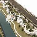 Modern Waterfront Landscape Design With Curved Pathways Green Spaces And Trees