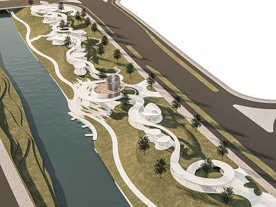 Modern Waterfront Landscape Design With Curved Pathways Green Spaces And Trees 3d model