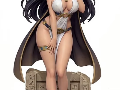 Anime Style Female Figure Ornament Decoration Set With Egyptian Themed Base And Hieroglyphics 3d model