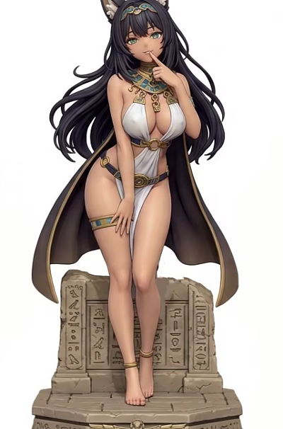 Anime Style Female Figure Ornament Decoration Set With Egyptian Themed Base And Hieroglyphics 3d model