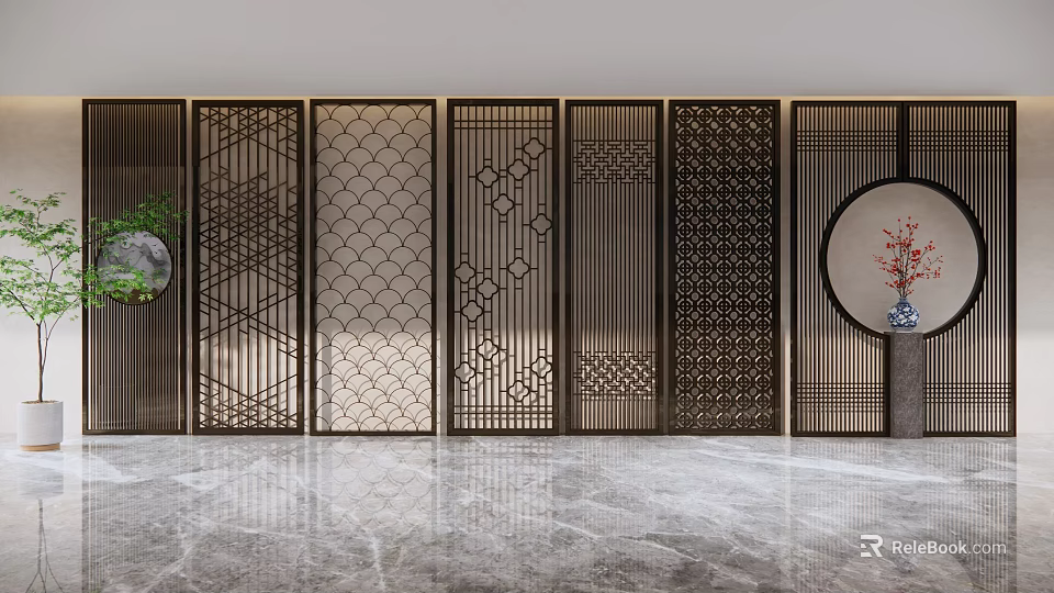 Chinese Style Decorative Partition With Intricate Patterns And Metal Frame 3d model