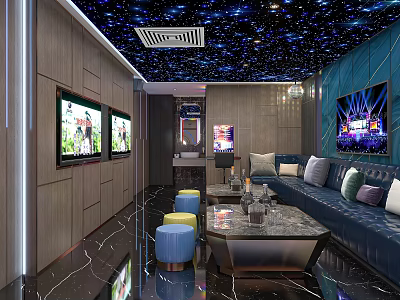 Modern KTV Interior With Starry Ceiling Comfortable Sofa TV Screens And Coffee Table 3d model