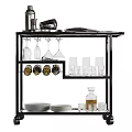 Stylish Black Serving Cart With Glass Shelves Plates Glasses And Magazine