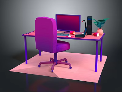 Purple Home Office Desk And Chair With Computer Lamp Plant And Apples 3d model