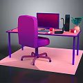 Purple Home Office Desk And Chair With Computer Lamp Plant And Apples
