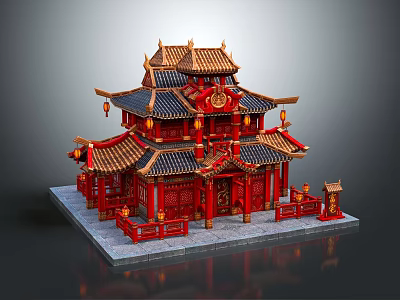 Cartoon Scene of Traditional Chinese Red Pagoda With Golden Ornate Roof and Hanging Lanterns 3d model