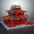 Cartoon Scene of Traditional Chinese Red Pagoda With Golden Ornate Roof and Hanging Lanterns