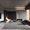 Modern Living Dining Area Interior With Stone Wall Fireplace Sofa And Large Window Plant Rug