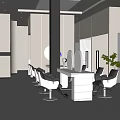 Modern Beauty Salon Interior With White Workstations Gray Chairs Round Mirrors And Ceiling Lights