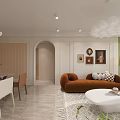 Elegant Living Dining Room Interior Design With Brown Sofa White Coffee Table Spherical Chandelier And Decorative Paintings