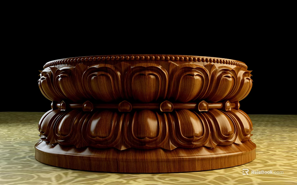 Elegant Carved Wooden Lotus Pedestal With Intricate Patterns And Textured Floor 3d model 