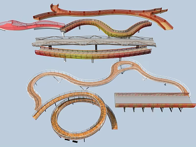 Scenic Curved Walkway Designs With Wooden And Metal Structures In Red Orange Tones 3d model