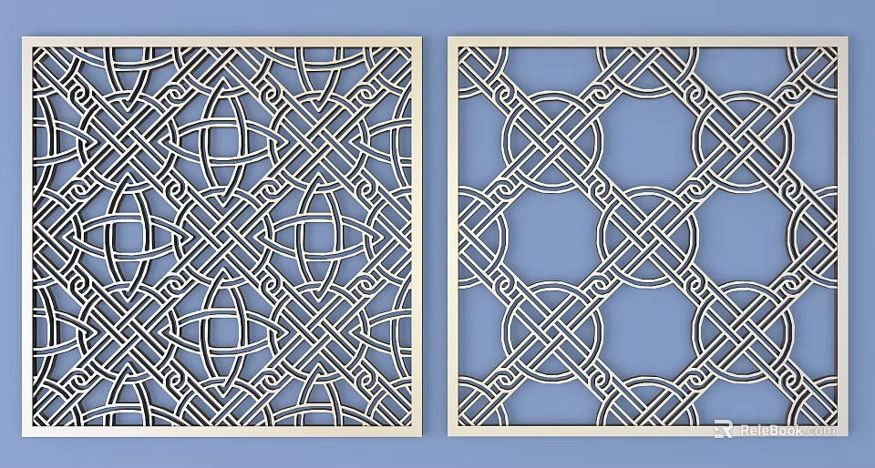 Light Colored Double Panel Room Divider With Intricate Geometric Lattice Design 3d model 