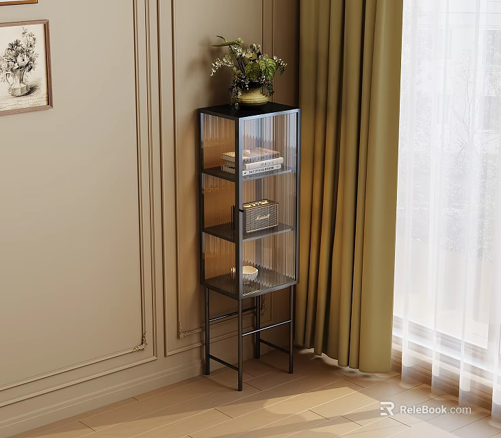 Multi tiered Glass Door Storage Cabinet With Green Plant On Top And Curtains In Room 3d model 