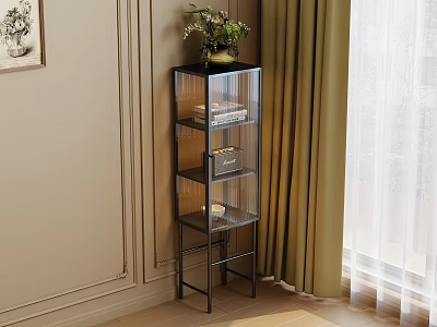 Multi tiered Glass Door Storage Cabinet With Green Plant On Top And Curtains In Room 3d model