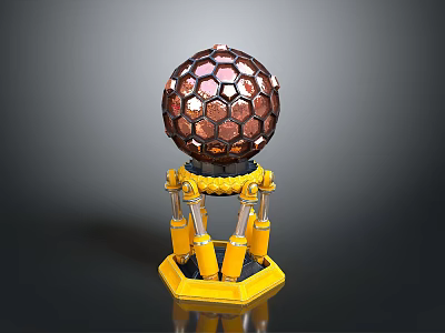 Mechanical Metallic Sphere With Hexagonal Grid And Yellow Support Pillars 3d model