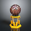 Mechanical Metallic Sphere With Hexagonal Grid And Yellow Support Pillars