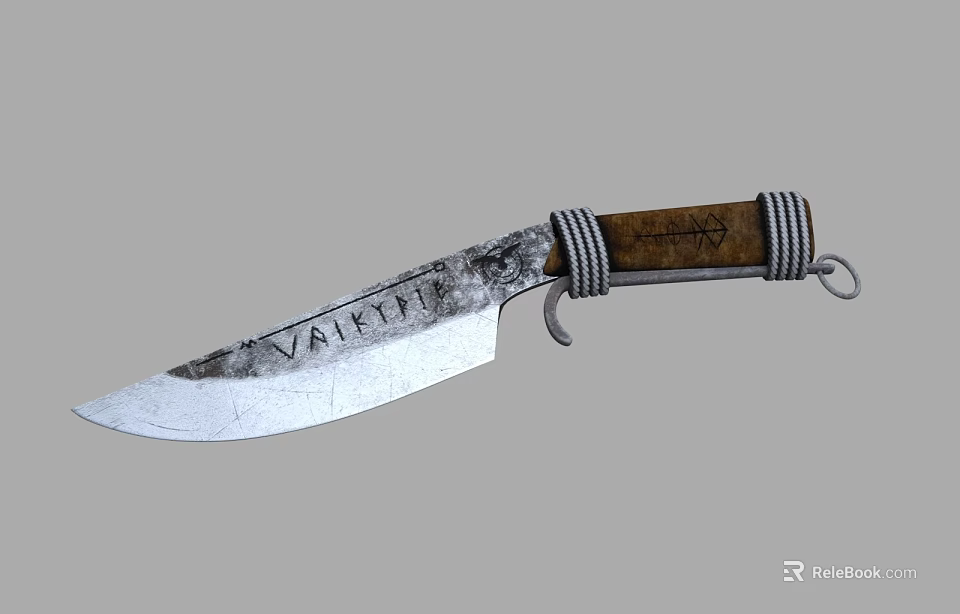 Vintage Weapon Knife With Silver Blade Engraved VALHALLA Wooden Handle Metal Wrapped And Ring 3d model 