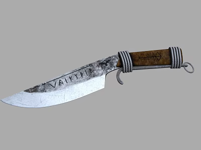 Vintage Weapon Knife With Silver Blade Engraved VALHALLA Wooden Handle Metal Wrapped And Ring 3d model