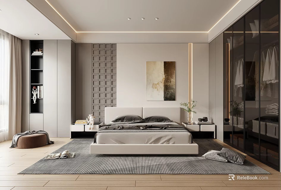 Modern Bedroom Interior Design With Sleek Bed Nightstands Rug And Decorative Painting 3d model 